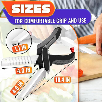 7-in-1 Cutting Board Scissors for Food - Heavy Duty Vegetable Scissors Food Cutter with Ribbed Blades, Chopping Board, Spring Assist, Safety Lock, Dishwasher Safe, Suitable for Meat & Vegetables