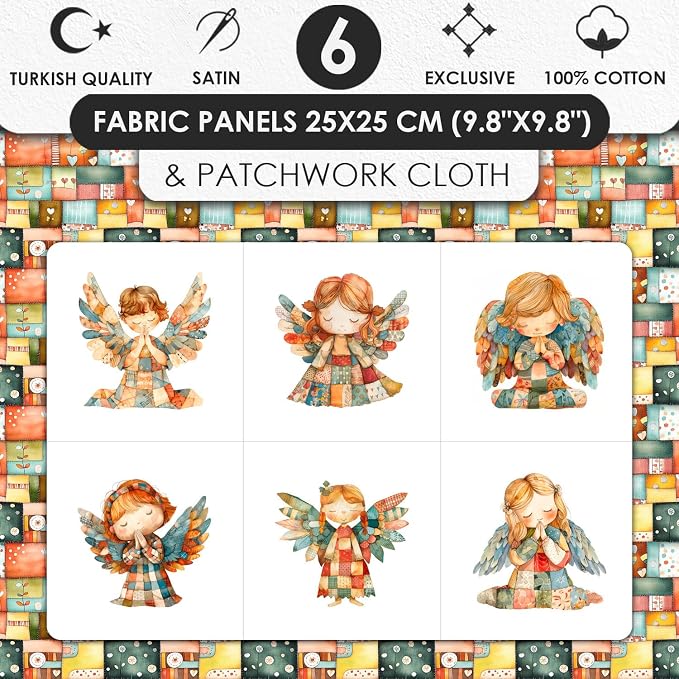 ‍ Patchwork Angel Cotton Fabric Panel – 6 Designs (10×10 inch Each) + Bonus Sheet 29.5×19.6 inch, 100% Cotton 140 GSM, Made in Türkiye