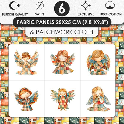 ‍ Patchwork Angel Cotton Fabric Panel – 6 Designs (10×10 inch Each) + Bonus Sheet 29.5×19.6 inch, 100% Cotton 140 GSM, Made in Türkiye