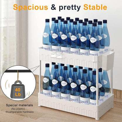 Sevenblue 2 Pack Under Sink Organizer, Under Bathroom Cabinet Organizer with Hooks Hanging Cup, Multi-Purpose Storage Shelf for Kitchen Bathroom (White, 14.8 Inch)