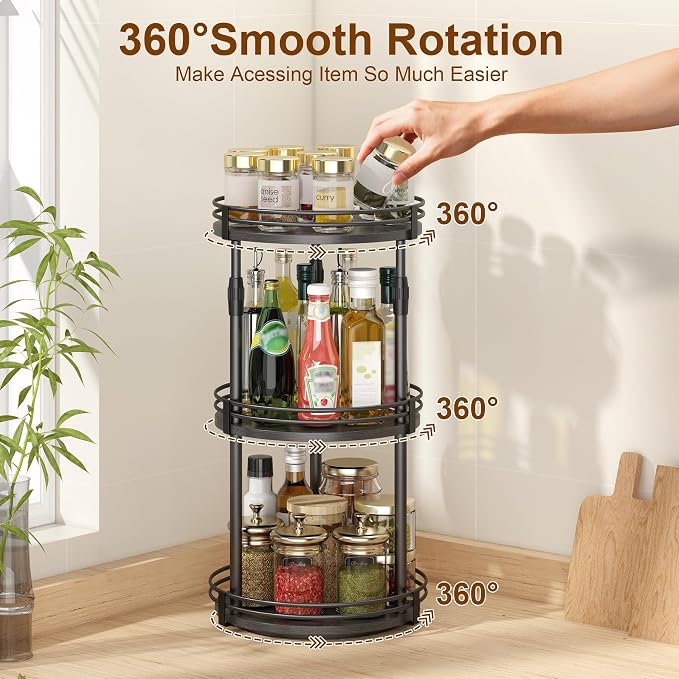 Across-star Lazy-Susan-Organizer-Spice-Rack, 3-Tier Rotating Spice Organizer for Cabinet Pantry, Seasoning Holder Shelf with Adjustable Height, Kitchen Counter Shelf Countertop Organzier