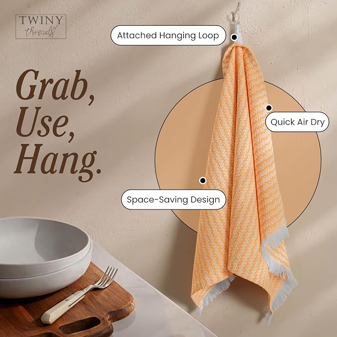 TWINY threads Kitchen Towel Chevron Design, Premium Large Kitchen Linen Set, 100% Cotton Dish Rags, Absorbent Quick Drying Wash Rags for Drying Dishes, Reusable, Set of 12, 16x26 Inch, Mustard Yellow