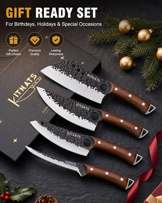 KITNATS Butcher Knife Set, 4PCS Hand Forged Kitchen Knives, Heavy Duty Meat Cleaver, Serbian Chef, Boning & BBQ Knife with Ergonomic Handle for Meat Cutting, Gift for Men Women