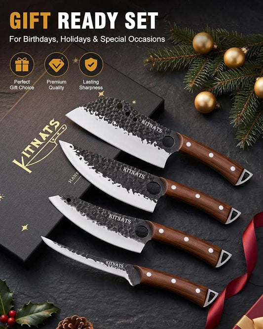 KITNATS Butcher Knife Set, 4PCS Hand Forged Kitchen Knives, Heavy Duty Meat Cleaver, Serbian Chef, Boning & BBQ Knife with Ergonomic Handle for Meat Cutting, Gift for Men Women