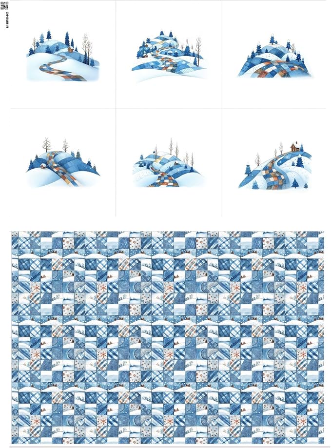 Winter Patchwork Landscape Cotton Fabric Panel – 6 Designs (10×10 inch Each) + Bonus Patchwork Sheet 29.5×19.6 inch, 100% Cotton 140 GSM