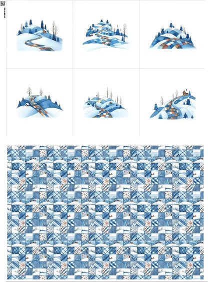 Winter Patchwork Landscape Cotton Fabric Panel – 6 Designs (10×10 inch Each) + Bonus Patchwork Sheet 29.5×19.6 inch, 100% Cotton 140 GSM