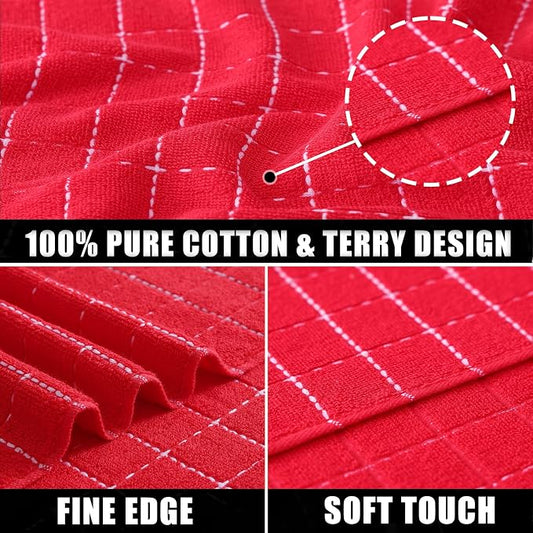 Mordimy 100% Cotton Terry Cloth Kitchen Towels, Super Soft and Absorbent Dish Towels for Drying, Checkered Designed Hand Towels for Kitchen, 16 x 26 Inches, 6 Pack, Red
