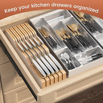 In-Drawer Knife Block Organizer - Bamboo Wood Drawer Knife Organizer-Protecting Knife Organizer Block (Not Included) (White, 11 Knives Dock)