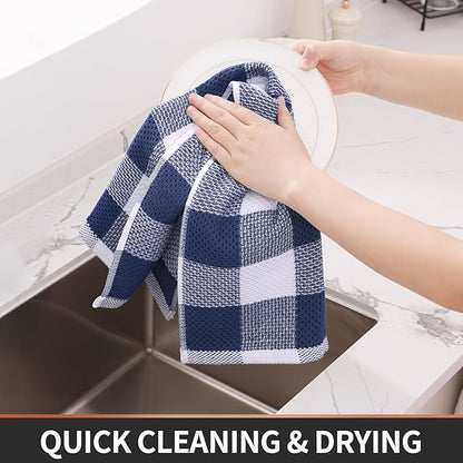 Homaxy Kitchen Towels and Dishcloths Set, 12 x 12 and 13 x 28 Inches, Set of 12 100% Cotton Waffle Weave Check Plaid Kitchen Dish Towels, Super Soft and Absorbent Dish Cloths, White & Navy Blue
