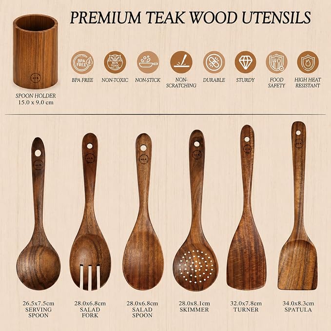SOOMGYEOL SEOM 7-Piece Teak Wood Cooking Utensil Set with Holder | Wooden Spoons and Spatulas, Nonstick Safe, Heat Resistant, Kitchen Tools