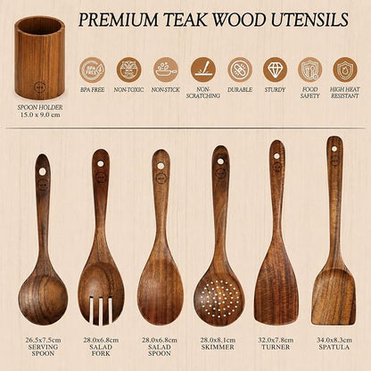 SOOMGYEOL SEOM 7-Piece Teak Wood Cooking Utensil Set with Holder | Wooden Spoons and Spatulas, Nonstick Safe, Heat Resistant, Kitchen Tools