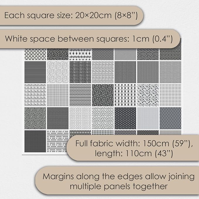 Cotton Satin Patchwork Fabric Panel – 35 Designs, 20×20 cm Squares, Single Piece 150×110 cm, Black & Grey Patchwork Quilt Fabric (Moonlight Patchwork Set, 35pcs 8x8 inch)