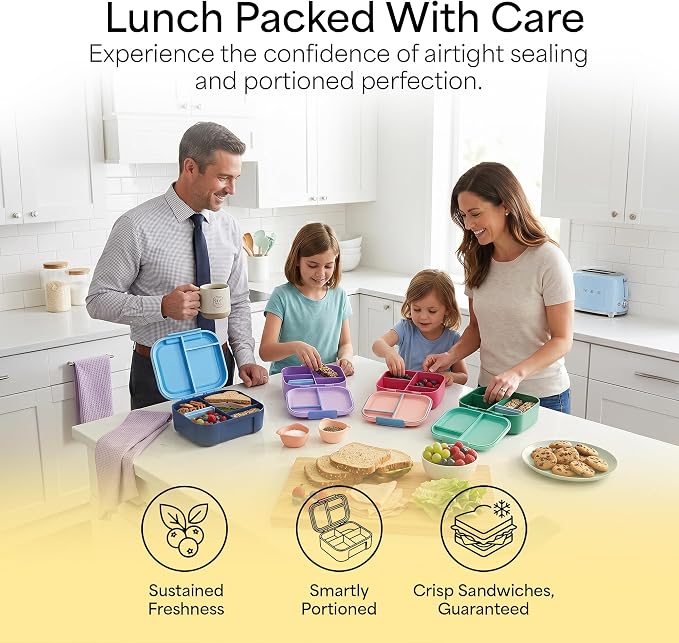 KARRICO Leakproof Lunch Box – 3-Compartment Bento Box, Cooler Pack & Adjustable Divider, Extra Large & BPA-Free – Dishwasher Safe, Ideal for On-the-Go Meals, Navy & Blue