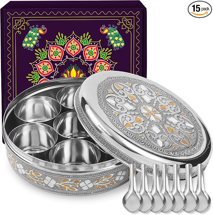 KSJONE Designer Spice Box, 7 Spice Jars, Holds 7 Spices, Steel Spice Container with 7 Spoons, Storage for Spices and dryfruits Indian Masala Dabba Gifts for Women, Mothers Day Gifts for Mom (8 Inch)