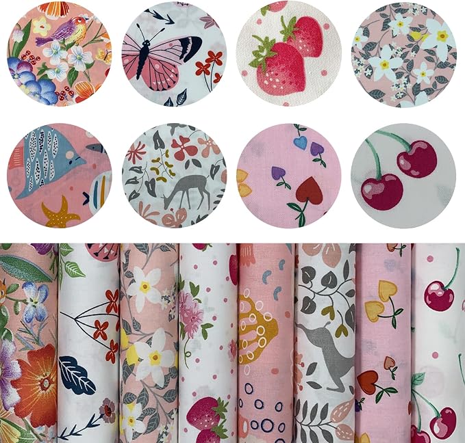 aufodata 8 Pieces 19.6" x 19.6" (50cm x 50cm) Cotton Fabric Squares for Sewing Quilting Patchwork Floral Pattern Precut Fabric for DIY Crafting Artcraft (Pink)