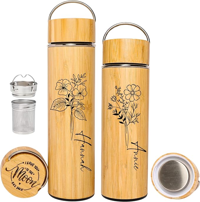Personalized Bamboo Water Tumbler Custom Engraved Tea Tumbler with Infuser, 15oz Insulated Wooden Travel Mug, Gift for Women, Mom, Teacher (Birth Flower+Signature) (Style C)