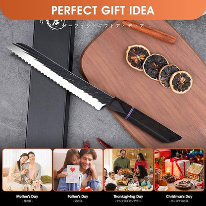 ROCOCO Sharp Serrated Bread Knife - Bread Cutter Slicer Knife Meat Cleaver for Home Kitchen 7.4" Birthday Father Mother Christmas Gift Idea