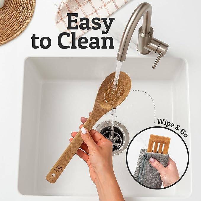 PriorityChef Wooden Spoons for Cooking, 8Pc Non Scratch Bamboo Cooking Utensils, Non-Toxic Wooden Utensil Set, Easy to Clean Kitchen Utensils Set for Everyday Use on All Cookware Types