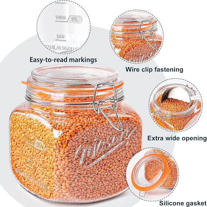 2 Pack Half Gallon Mason Jar with Hinged Lid, Wide Mouth Glass Canisters for Food Storage, Cookie, Flour, Candy, Coffee, Pickle - 64 Oz Glass Jar with Lid - 2 Scale Marks & Vintage Mason Jars