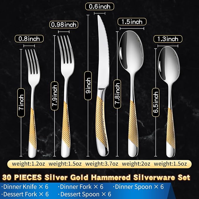Lemeya Hammered 30-Pieces Silver Gold Silverware Set for 6 with Serrated Forging Knives, 18/10 Stainless Steel Modern Flatware Set, Unique Cutlery Set, Mirror Polished, Dishwasher Safe