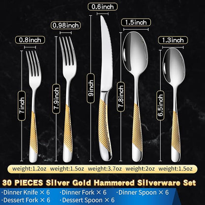 Lemeya Hammered 30-Pieces Silver Gold Silverware Set for 6 with Serrated Forging Knives, 18/10 Stainless Steel Modern Flatware Set, Unique Cutlery Set, Mirror Polished, Dishwasher Safe