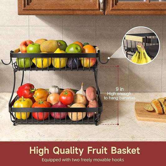 Sevenblue 3 Tier Fruit Basket for Kitchen Counter with 2 Mobile Banana Hangers, 2026 Pro Detachable Metal Fruit Bowl with Wooden Handle, Fruit Holder for Bread Snack Veggies with Protective Mats