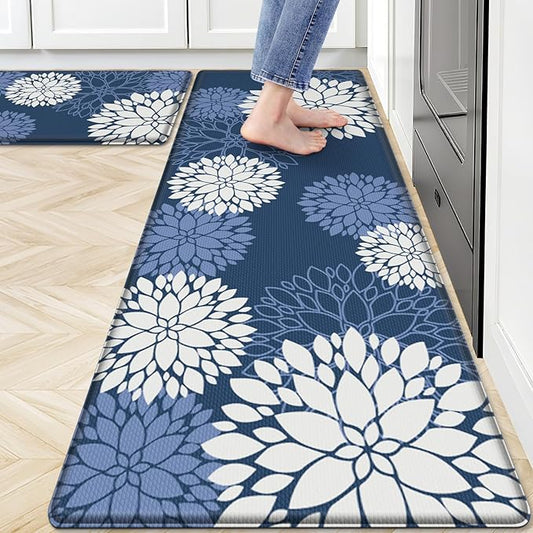 Kitchen Mats, 2PCS Non-Slip Cushioned Rugs, Anti-Fatigue Waterproof Floor Rug, Washable Standing Desk Mat, Home Laundry Office Apartment Decor and Accessories (17.3" ×59" +17.3" ×30"-Blue)