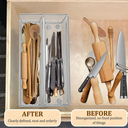 4PCS Drawer Organizer for Kitchen,Utensil Mesh Drawer Organizer with Interlocking Arm for Cosmetic,Flatware,Pen (12 * 3 * 2 Inches,Grey)