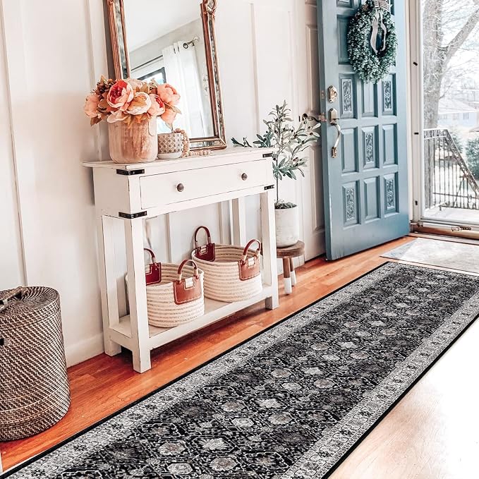 Hallway Washable Runner Rug - 2x10 Kitchen Rugs Entryway Rug Runner Vintage Soft Floor Mat Non Slip Indoor Farmhouse Carpet for Bathroom Living Room Bedroom(2 X 10, Black)