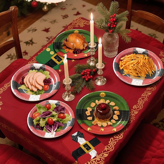 100 PCS Christmas Paper Plates and Napkins | Bundle Includes Paper Oval Dinner Plates and Napkins for Christmas Party Supplies