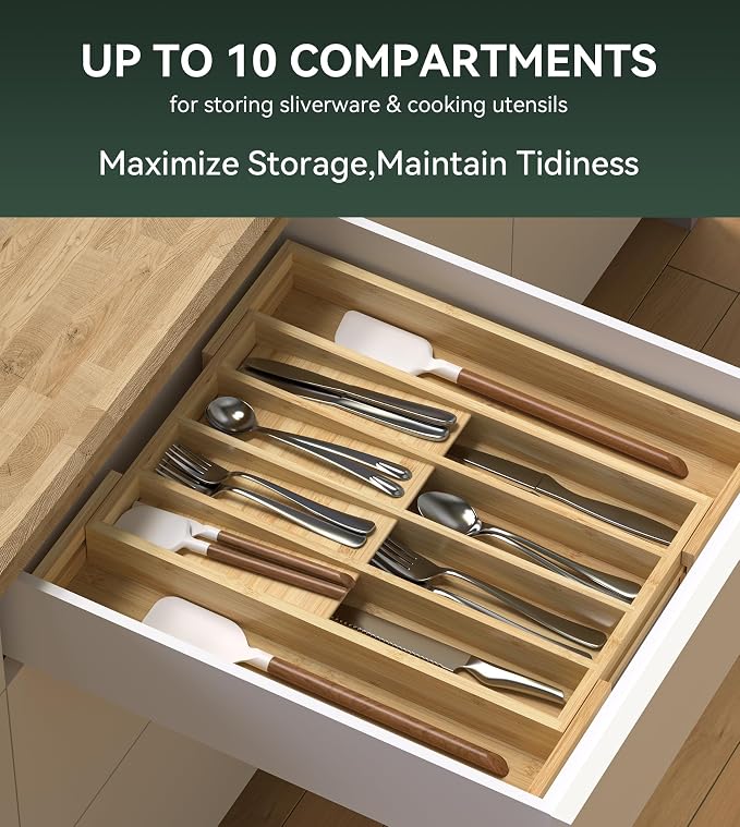 Expandable Silverware Drawer Organizer for Utensil,Bamboo 10 Slot | 10.6”-16" Wx16.7”Dx1.97”H, Vertical Storage, Kitchen Cutlery Tray Dividers for Spoons Forks Knives