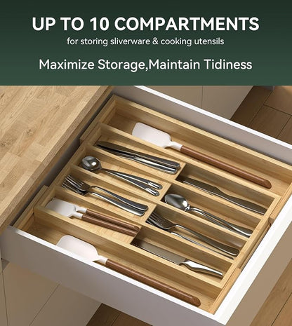 Expandable Silverware Drawer Organizer for Utensil,Bamboo 10 Slot | 10.6”-16" Wx16.7”Dx1.97”H, Vertical Storage, Kitchen Cutlery Tray Dividers for Spoons Forks Knives