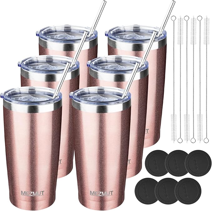 MEZMUT 20oz Tumbler Coffee Travel Mug with Lid and Straw, 6 Pack Stainless Steel Double Wall Vacuum Spill Proof Insulated Tumbler, Hot or Iced Coffee Cups for Drinks (6Pcs, Rose Gold)