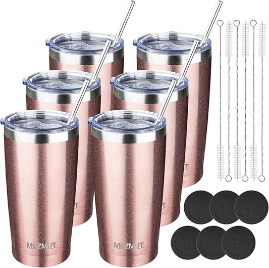 MEZMUT 20oz Tumbler Coffee Travel Mug with Lid and Straw, 6 Pack Stainless Steel Double Wall Vacuum Spill Proof Insulated Tumbler, Hot or Iced Coffee Cups for Drinks (6Pcs, Rose Gold)