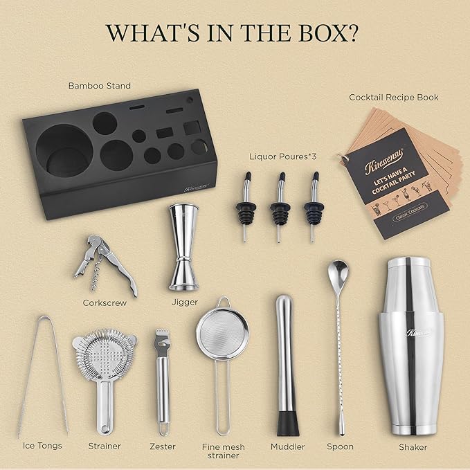 KITESSENSU Boston Shaker Set Mixology Bartender Kit | Premium Cocktail Shaker Kit with Stand Professional Home Bar Tools Accessories: Martini Shaker, Citrus Tools, Fine Mesh Strainers, Muddler, Jigger