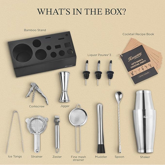 KITESSENSU Boston Shaker Set Mixology Bartender Kit | Premium Cocktail Shaker Kit with Stand Professional Home Bar Tools Accessories: Martini Shaker, Citrus Tools, Fine Mesh Strainers, Muddler, Jigger