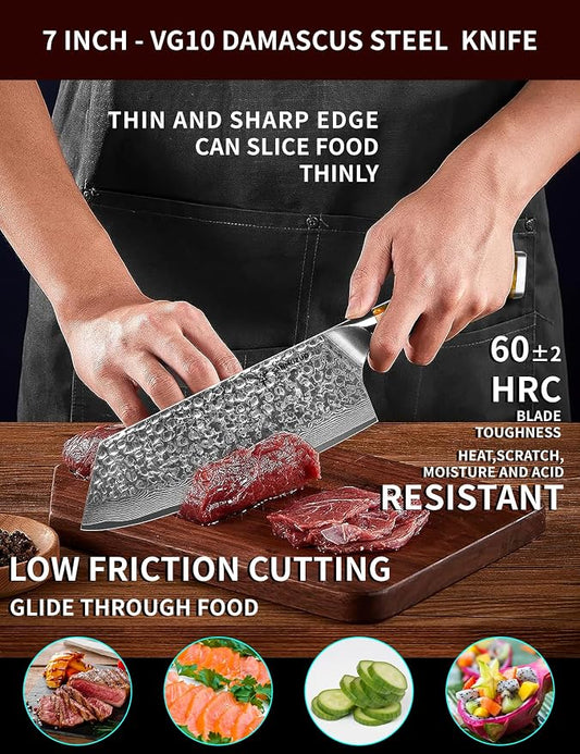 7.5" Nakiri Knife - Kitchen Vegetable Cleaver - Japanese Usuba Knife - Hammered Damascus Steel & Resin Handle - YAO Series