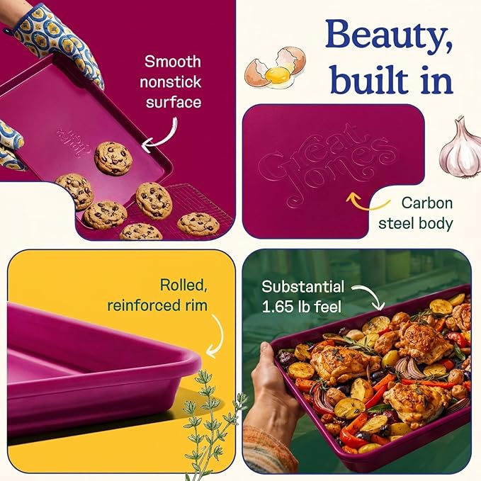 Great Jones Little Sheet (Raspberry) | Jelly Roll Pan, Quarter Sheet Pan | Aluminized Steel,13.5" x 9.5" | For Baking, Roasting, & Broiling | Premium Bakeware with Even Heat Distribution