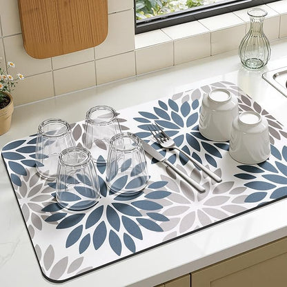 Findosom Floral Dish Drying Mat, 16" x 24" Super Absorbent & Hide Stain Coffee Mat, Cuttable Drying Mat for Kitchen Counter, Under Dish Rack, Coffee Maker, Espresso Machine, Blue
