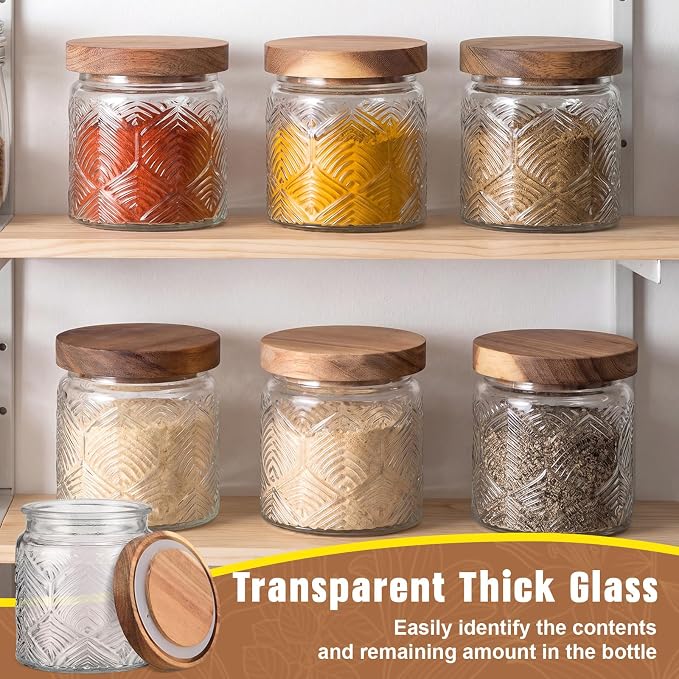 Suclain 6 Pcs 17 OZ Vintage Glass Jar with Acacia Wood Lids Airtight Glass Storage Canisters Kitchen Spice Jars Food Storage Containers for Pantry Coffee Grains Tea Sugar Flour(Leaf)