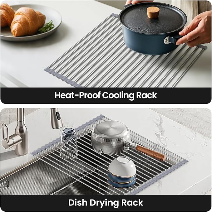 Dish Drying Rack Over The Sink with Roll Up for Kitchen,16.9''x15.7'',Gray