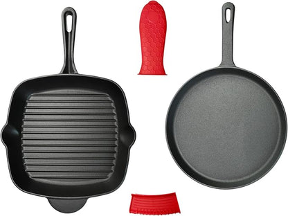 11 Inch Square Grill Pan Large Pre-Seasoned Cast Iron and 10.5 Inch Round Griddle, Crepe Pan, BBQ Hot Plate Pans with Handle Silicone