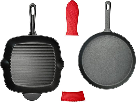 11 Inch Square Grill Pan Large Pre-Seasoned Cast Iron and 10.5 Inch Round Griddle, Crepe Pan, BBQ Hot Plate Pans with Handle Silicone