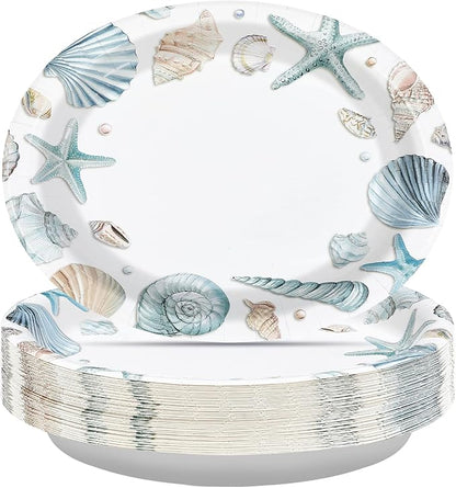 50Pcs Coastal Beach Oval Paper Plates 10" x 12" Large Disposable Heavy Duty Ocean Seashell Starfish Dessert Platters for Under the Sea Summer Hawaiian Picnic BBQ Holiday Birthday Party Decorations