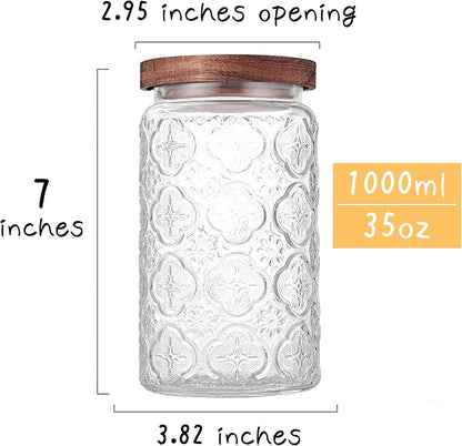 Custde Glass Storage Jars With Airtight Lid, 23.7oz Container For Kitchen Counter with Wooden Lid, brown sugar, candy, coffee, cookie, salt, tea, cute Jar (35oz Large Begonia Flowers)
