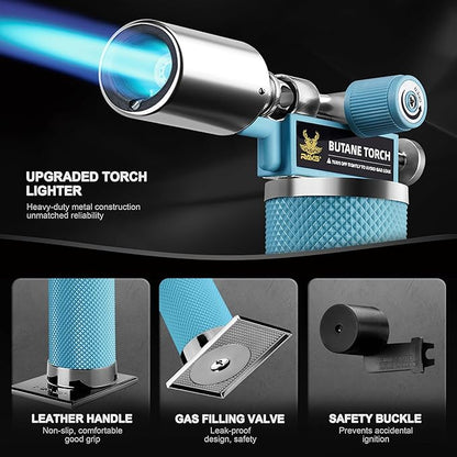 RAVS Butane Torch Lighter, Refillable Kitchen Torch with Adjustable Flame and Safety Buckle, Premium Metal Mini Torch for Baking, Soldering, Resin Art, Blue, Butane Not Included