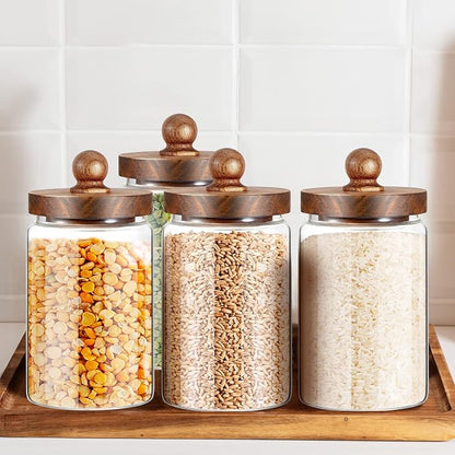 Gerrii 4 Pcs 32 oz Glass Food Storage Jar with Acacia Wood Lids Airtight Sealed Clear Glass Canisters Air Tight Glass Container Jar for Coffee Beans Nuts Loose Leaf Tea Sugar Spice Candy Rice Pasta