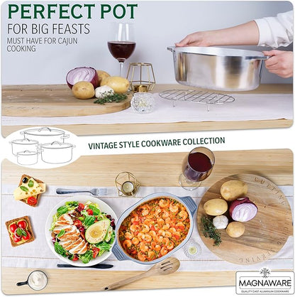 MAGNAWARE Cast Aluminum Oval Dutch Oven with Lid — 5 QT Heavy Duty Roaster Pan with Rack & Silicone Cover Dual Handles — Cajun Cookware for Roasting, Baking, Cooking (11" Small)