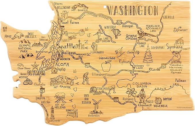 Totally Bamboo Destination Washington Shaped Cutting Board – Bamboo Charcuterie and Serving Board with Hang Tie for Wall Display