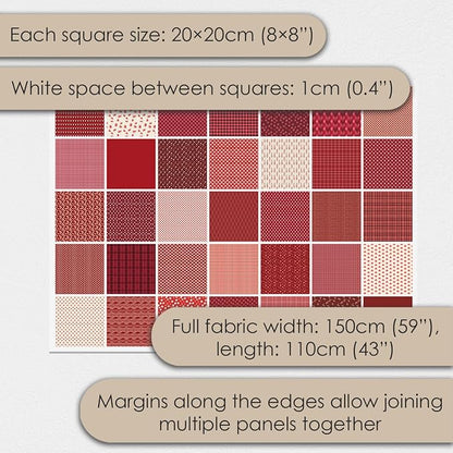 Cotton Satin Patchwork Fabric Panel – 35 Designs, 20×20 cm Squares, Single Piece 150×110 cm, Red Patchwork Quilt Fabric (Scarlet Love Patchwork Set, 35pcs 8x8 inch)